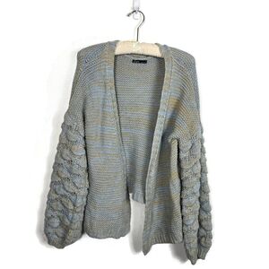 Nikka K Open Front Puffy Sleeve Cardigan Sweater Pastel Blue & Tan Medium